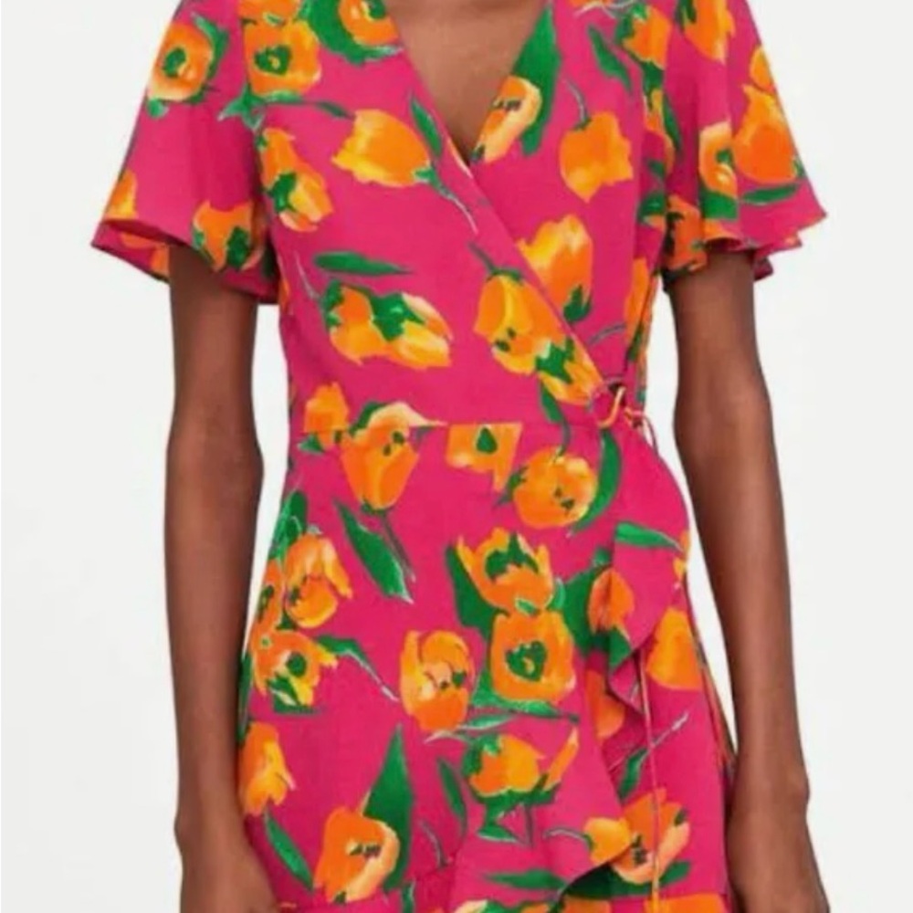Zara Floral Wrap Romper Dress in Pink and Orange